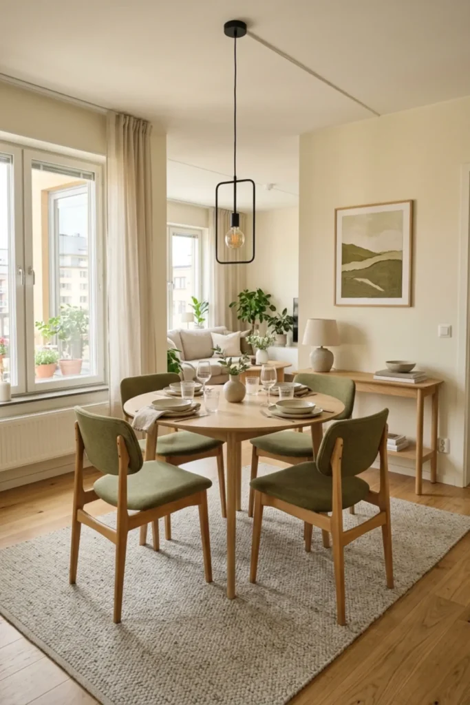 Small modern olive dining room with a light round table
