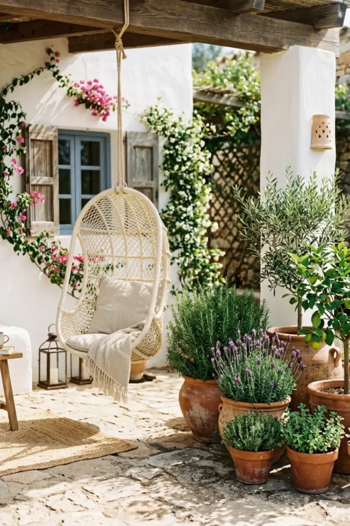 Sunny Mediterranean-style patio garden with a hanging chair