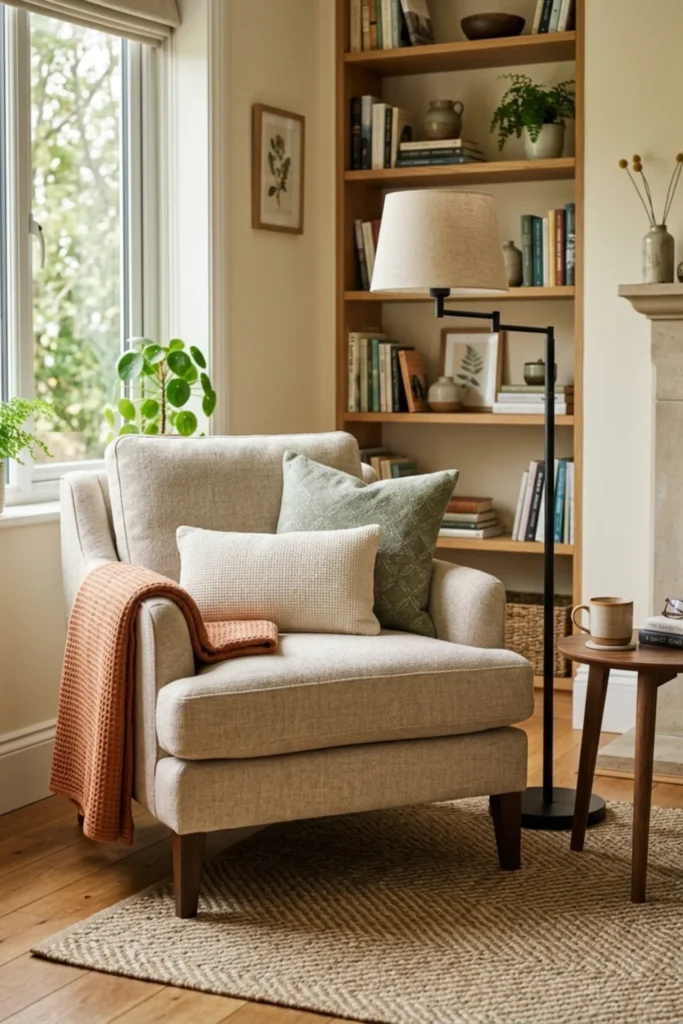 Comfy reading chair styled with two cushions and a soft throw