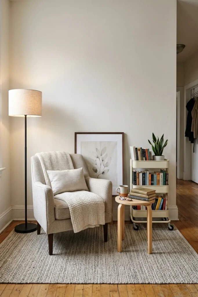 Rental-friendly small reading nook with freestanding furniture