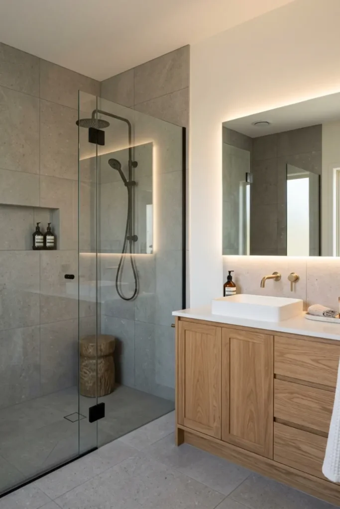 Grey Bathroom Ideas with LED Mirror
