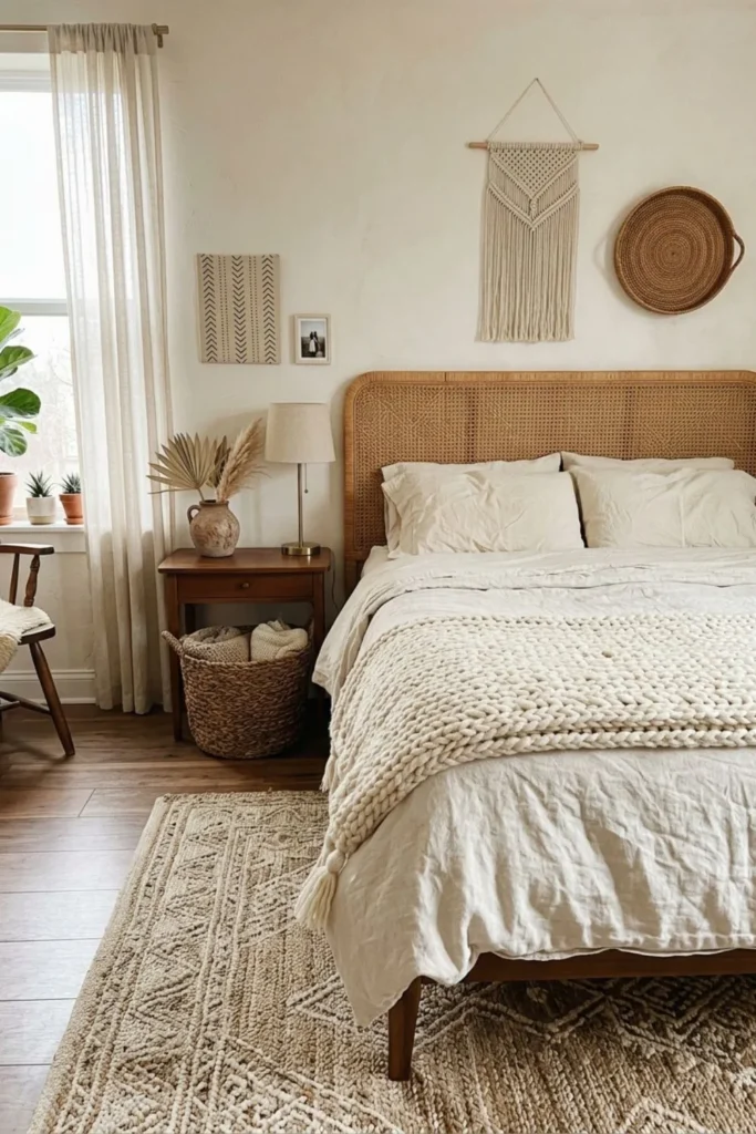 Afrohemian bedroom layered with linen, cotton, wool, cane and woven textures