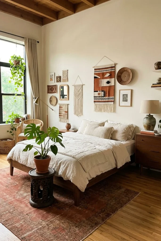 Afrohemian bedroom mixing modern furniture with a vintage carved wood stool