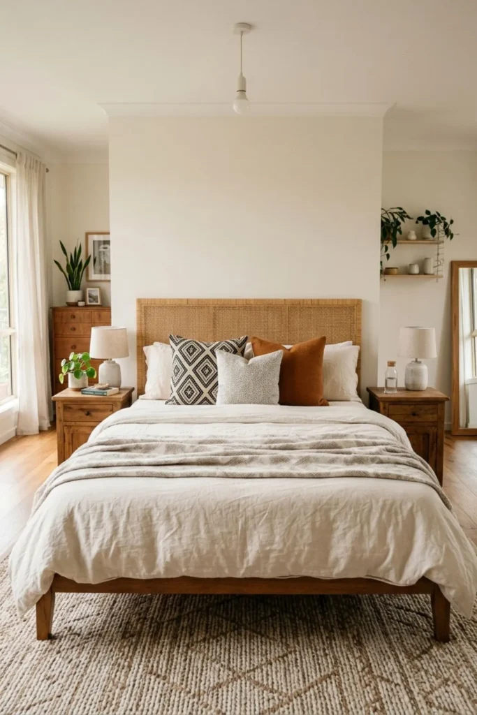 Afrohemian bed styled with three balanced geometric and textured pillows