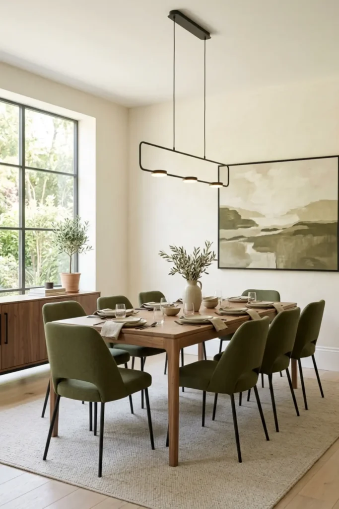 Modern olive dining room with slim black accents
