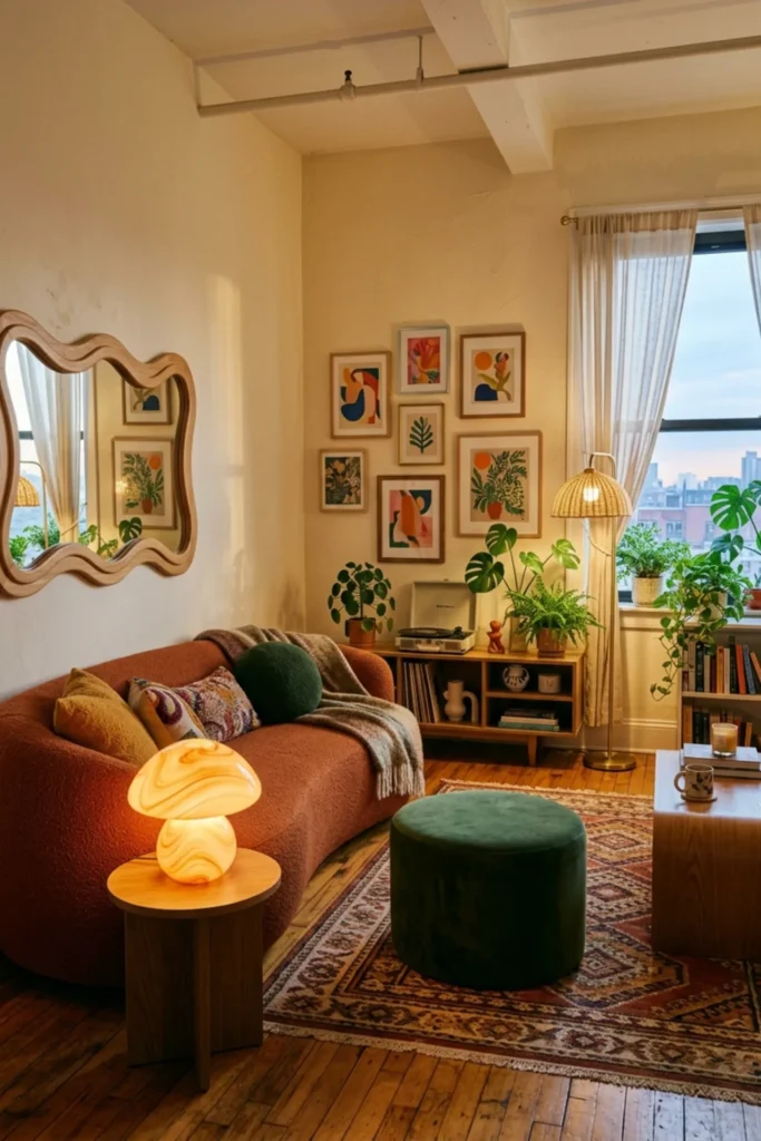Apartment living room with one playful sculptural accent piece