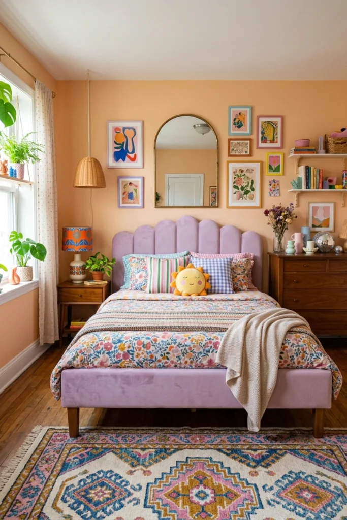 Colorful bedroom mixing one vintage furniture piece with modern decor