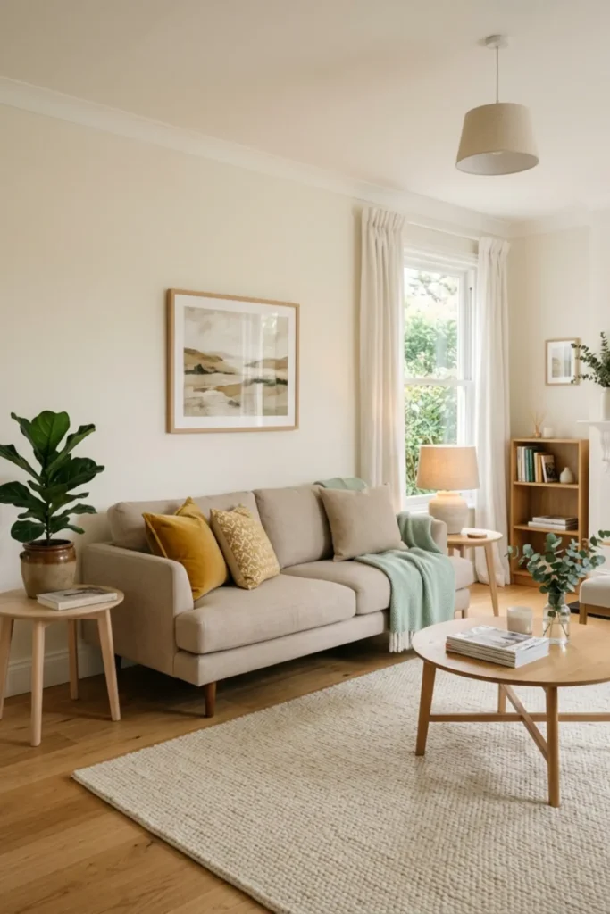 Neutral living room styled with yellow cushions and a mint throw