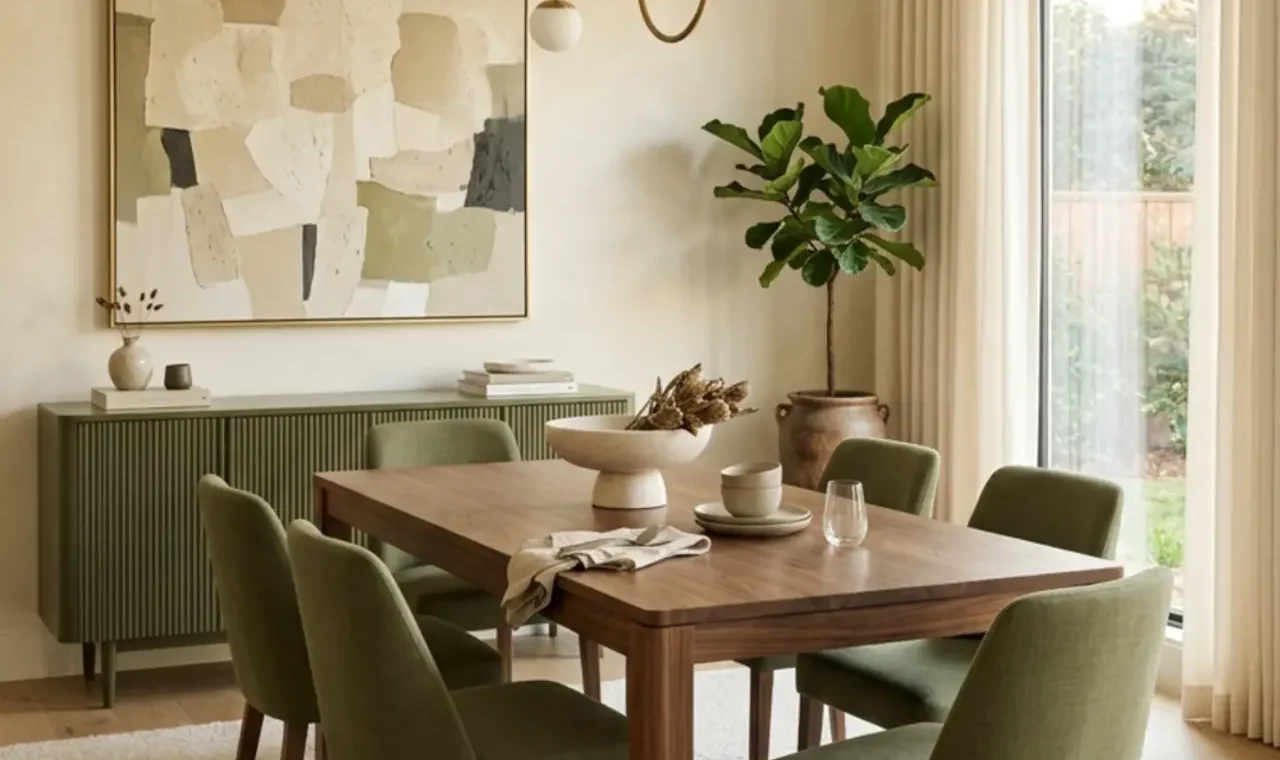 Modern olive dining room with olive chairs, walnut table and warm brass pendant