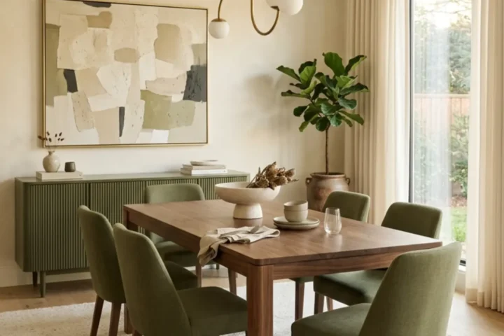 Modern olive dining room with olive chairs, walnut table and warm brass pendant