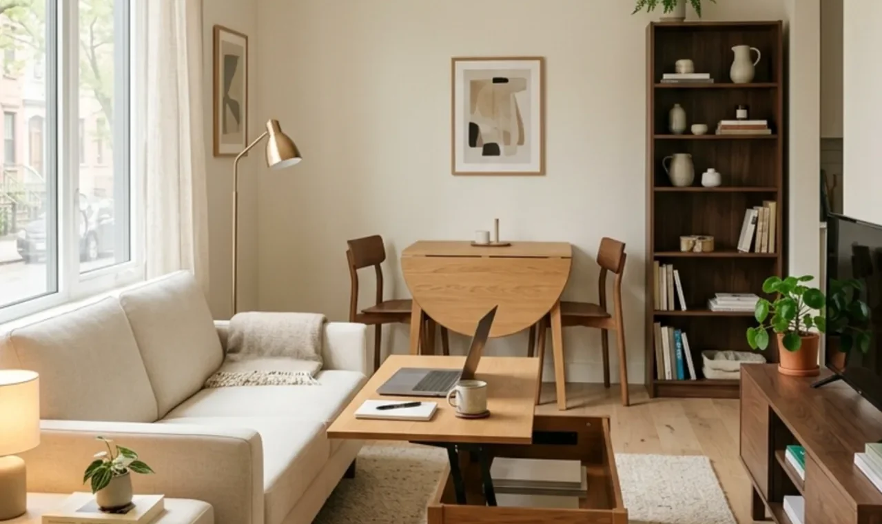 Small apartment with multifunctional sofa bed, lift-top table and storage furniture