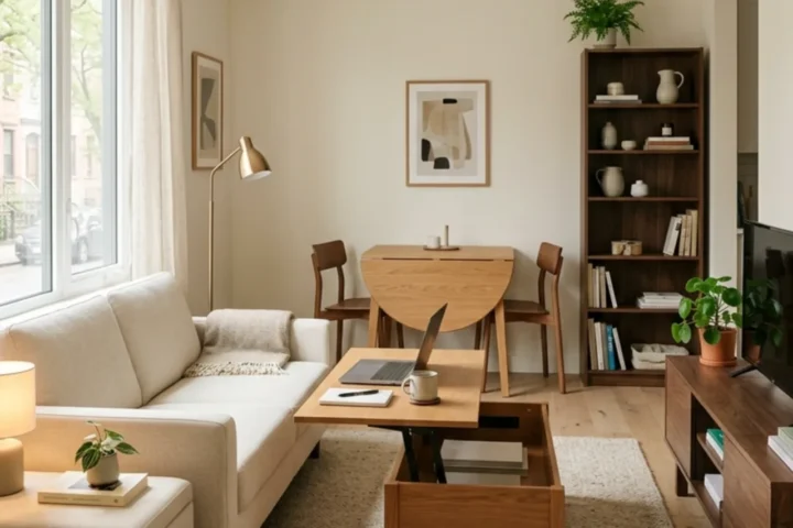 Small apartment with multifunctional sofa bed, lift-top table and storage furniture