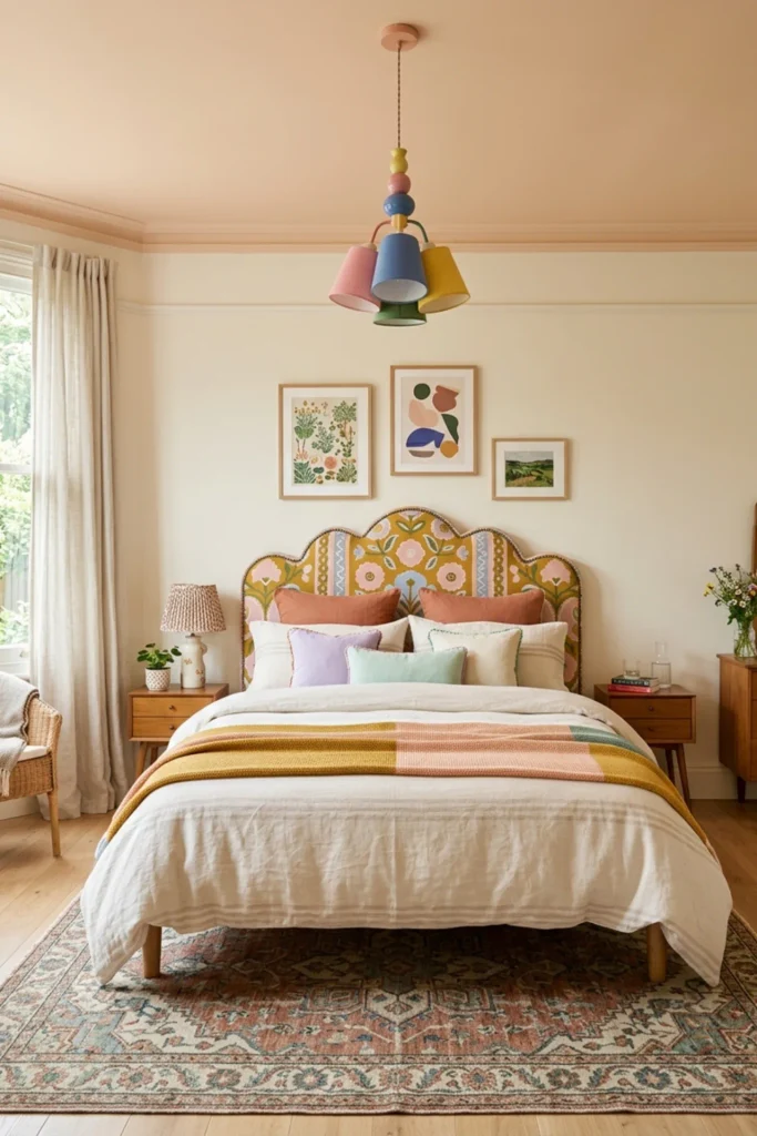 Funky bedroom with a softly painted colorful ceiling