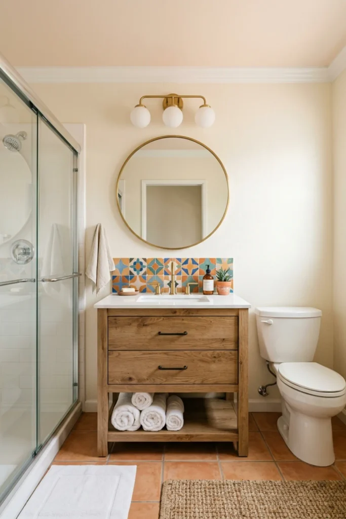 Retro bathroom with a softly colored ceiling and warm wood vanity