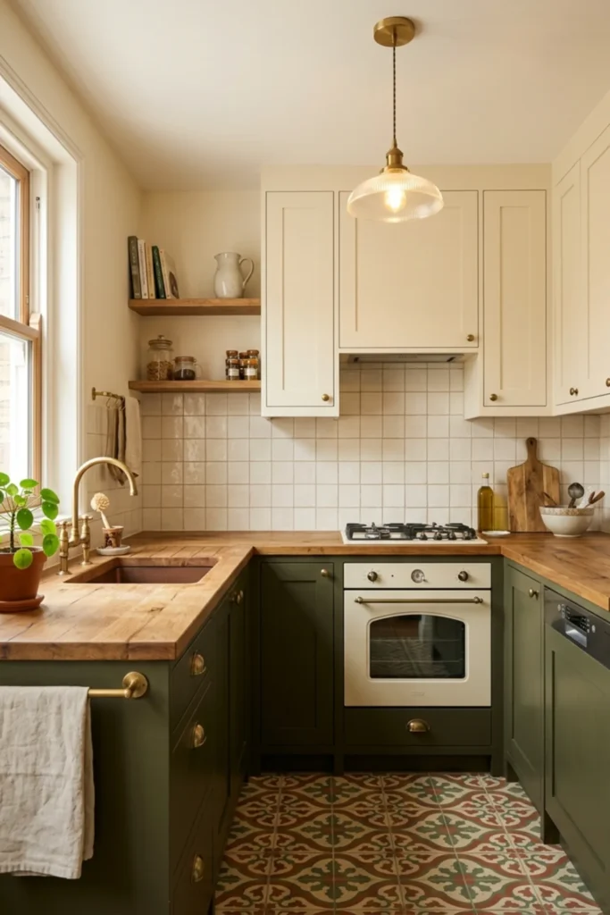 Dark cottagecore kitchen with warm cream upper cabinets