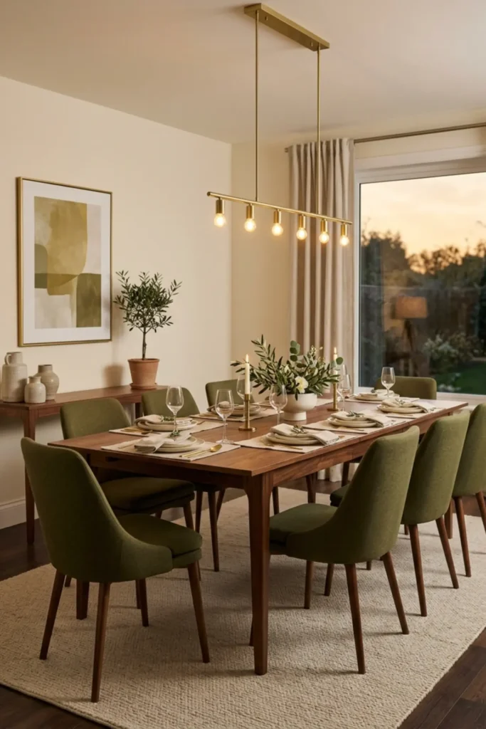Olive dining room paired with a warm walnut table