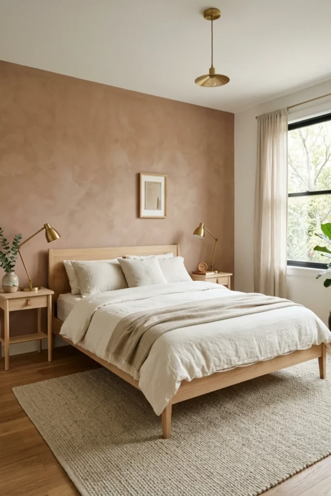 Terracotta bedroom paired with natural oak furniture