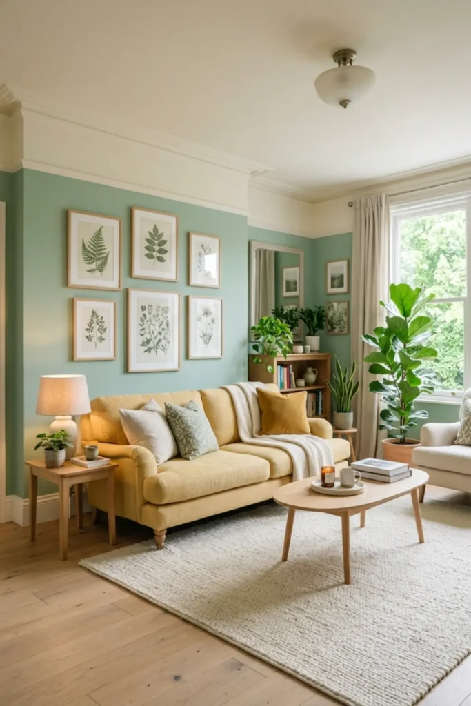 Mint accent wall living room with a soft yellow sofa