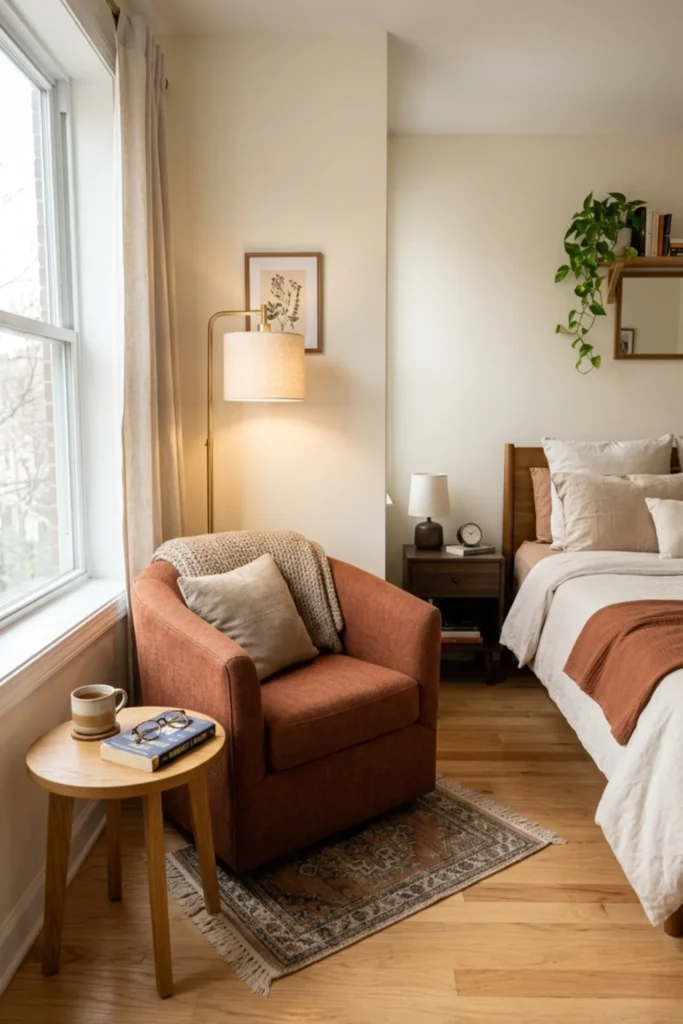 Small bedroom reading nook with a comfy accent chair