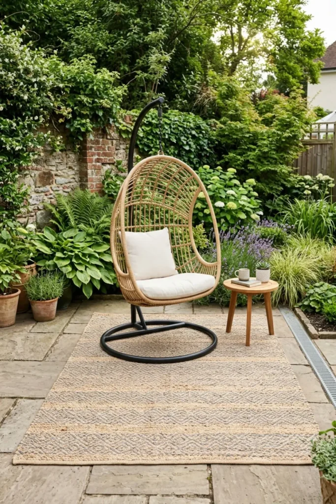 Hanging chair patio seating zone grounded by a large outdoor rug