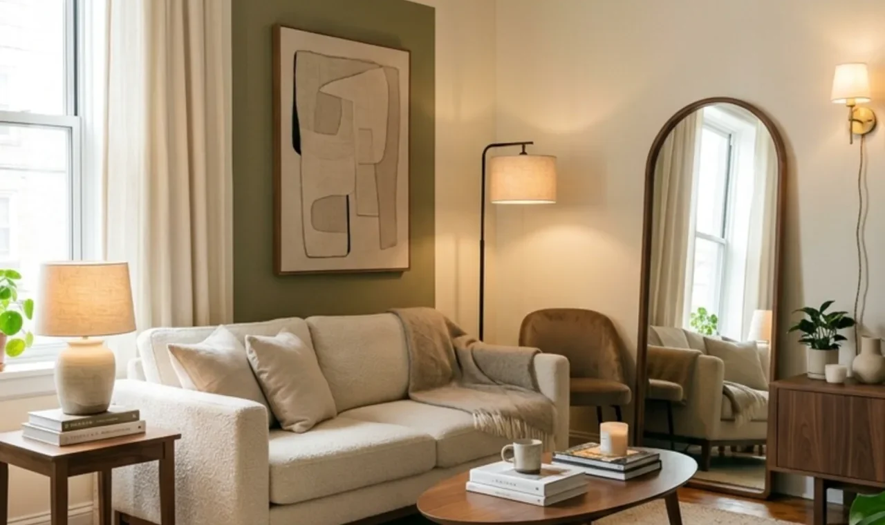 Rental apartment upgraded with high curtains, large rug, mirror and layered warm lighting