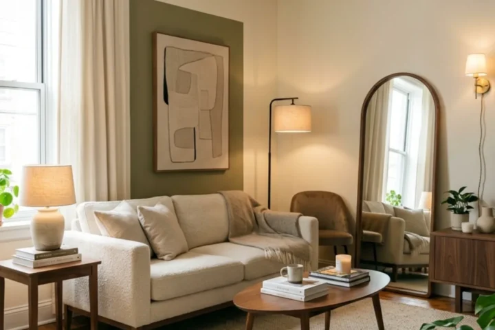 Rental apartment upgraded with high curtains, large rug, mirror and layered warm lighting