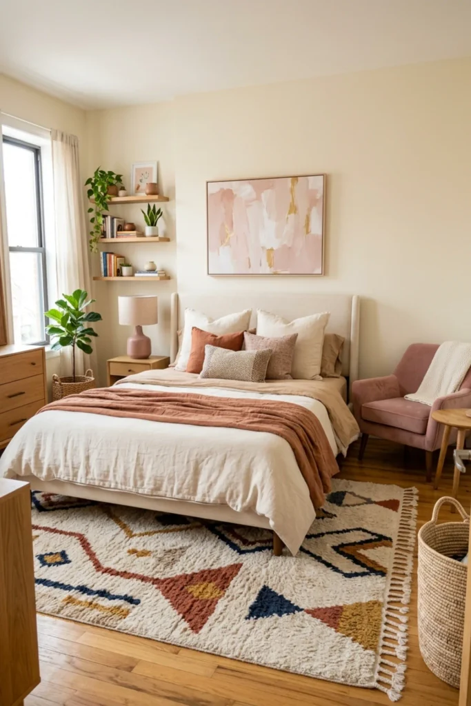 Colorful bedroom with one accent color repeated three times