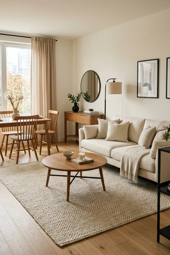Small apartment with a consistent warm wood tone across rooms