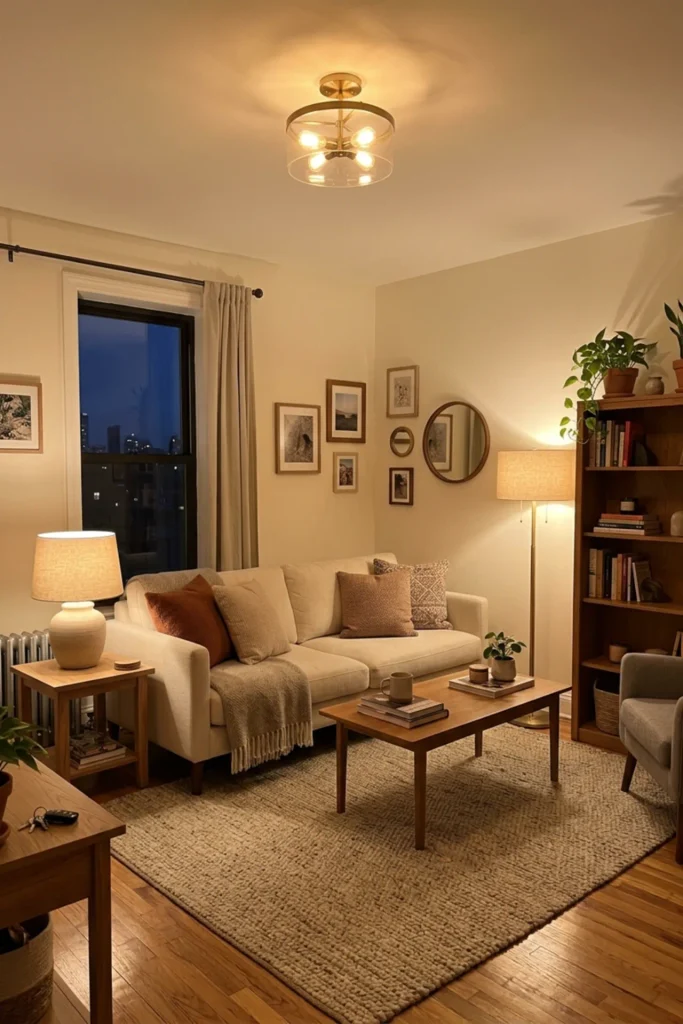 Rental apartment with consistent warm lighting throughout the living room