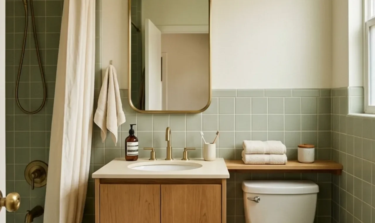 Retro apartment bathroom with sage tile, oak vanity and warm brass details