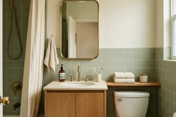 Retro apartment bathroom with sage tile, oak vanity and warm brass details