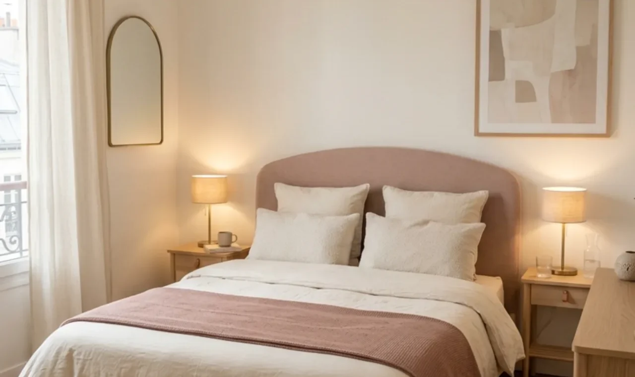 Romantic minimalist small apartment bedroom with blush headboard, cream bedding and warm light