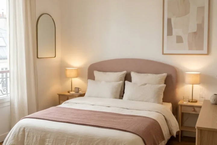 Romantic minimalist small apartment bedroom with blush headboard, cream bedding and warm light
