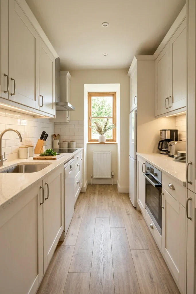 Small galley kitchen with flooring running lengthwise to extend the sightline