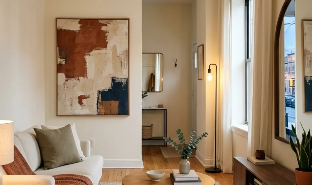 Small rental apartment styled to feel bigger with high curtains, large rug, mirror and warm lighting