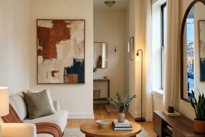 Small rental apartment styled to feel bigger with high curtains, large rug, mirror and warm lighting