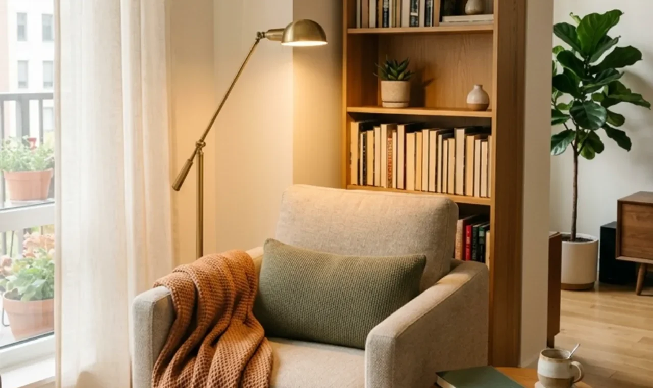 Small cozy reading nook with a comfy armchair, warm lamp and slim bookcase