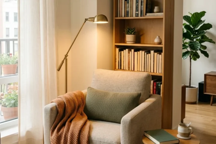 Small cozy reading nook with a comfy armchair, warm lamp and slim bookcase