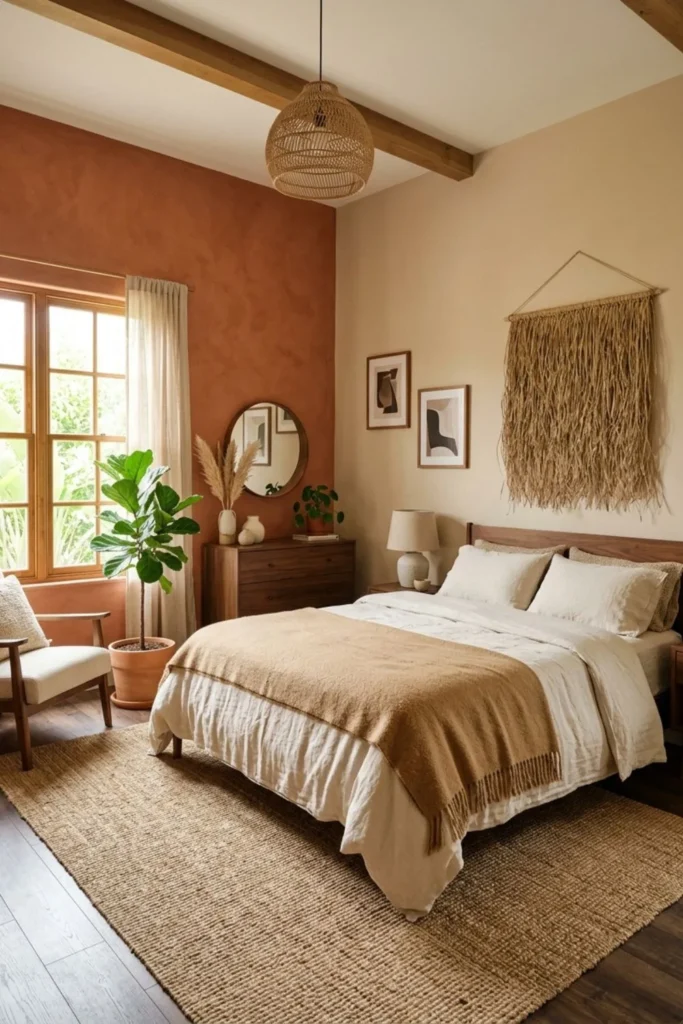 Afrohemian bedroom ideas with terracotta walls, cream bedding and warm earth tones