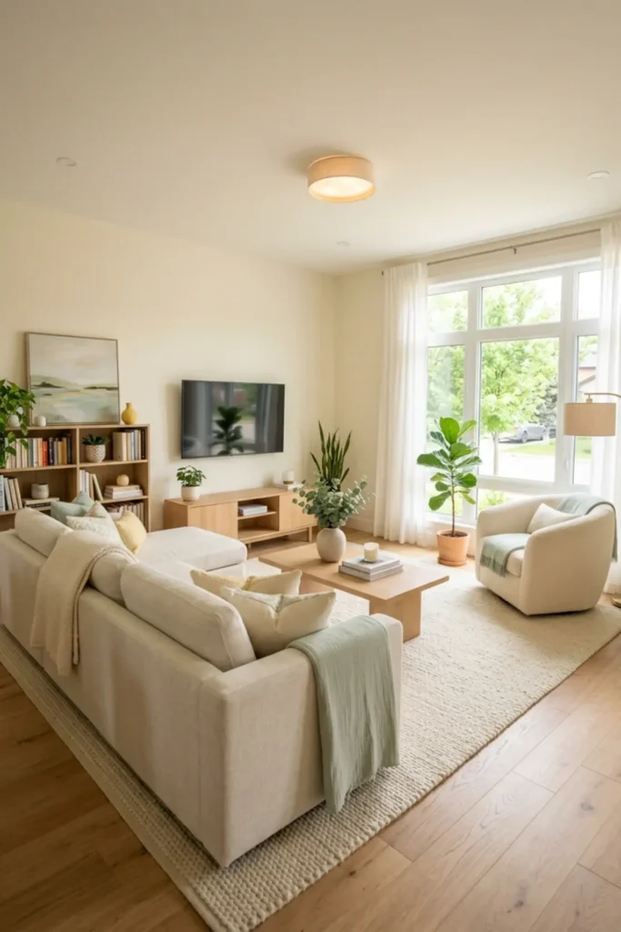 Yellow and mint living room with a warm neutral base and soft accents
