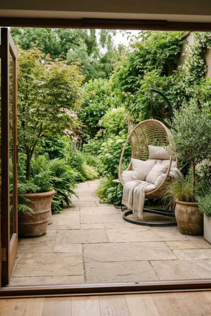 patio garden ideas with hanging chairPatio garden layout planned around a hanging chair with clear walking space