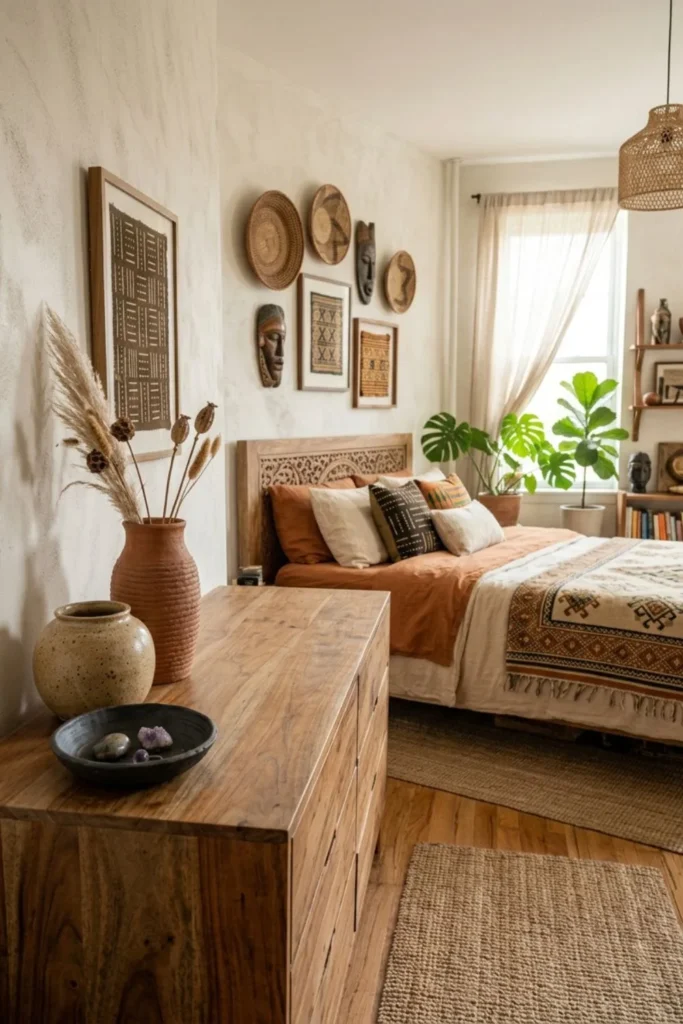 Afrohemian bedroom dresser styled with terracotta and handmade pottery