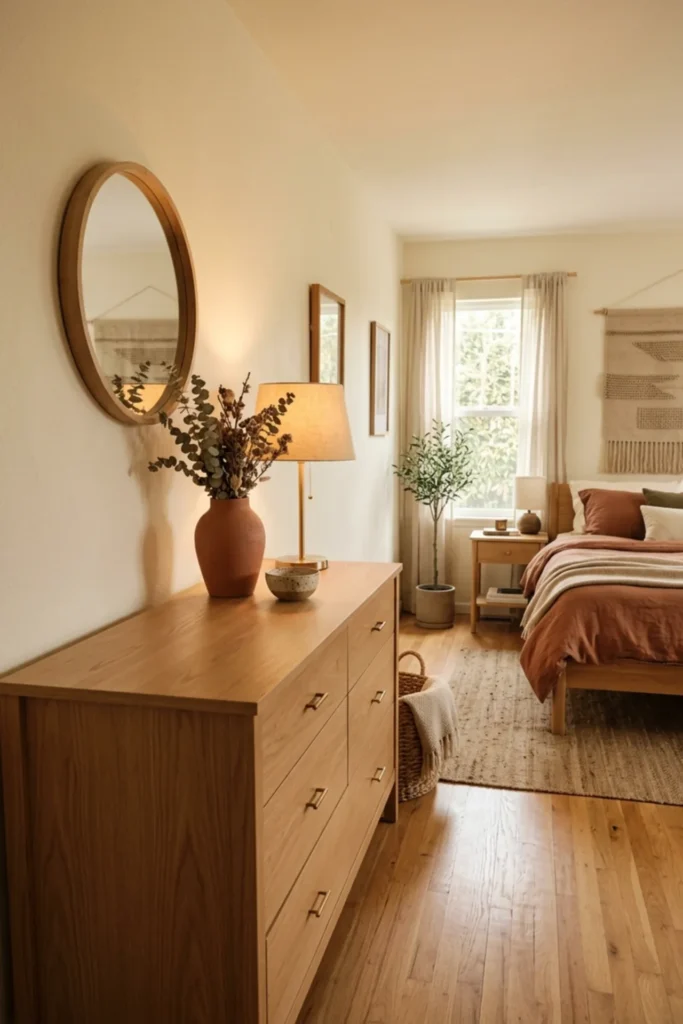 Terracotta bedroom dresser styled with simple clay pottery