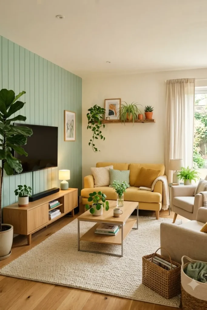 Yellow and mint living room styled with indoor plants
