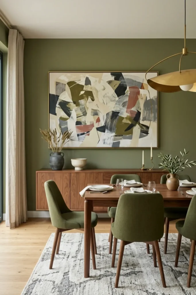 Olive dining room with oversized abstract artwork above a sideboard