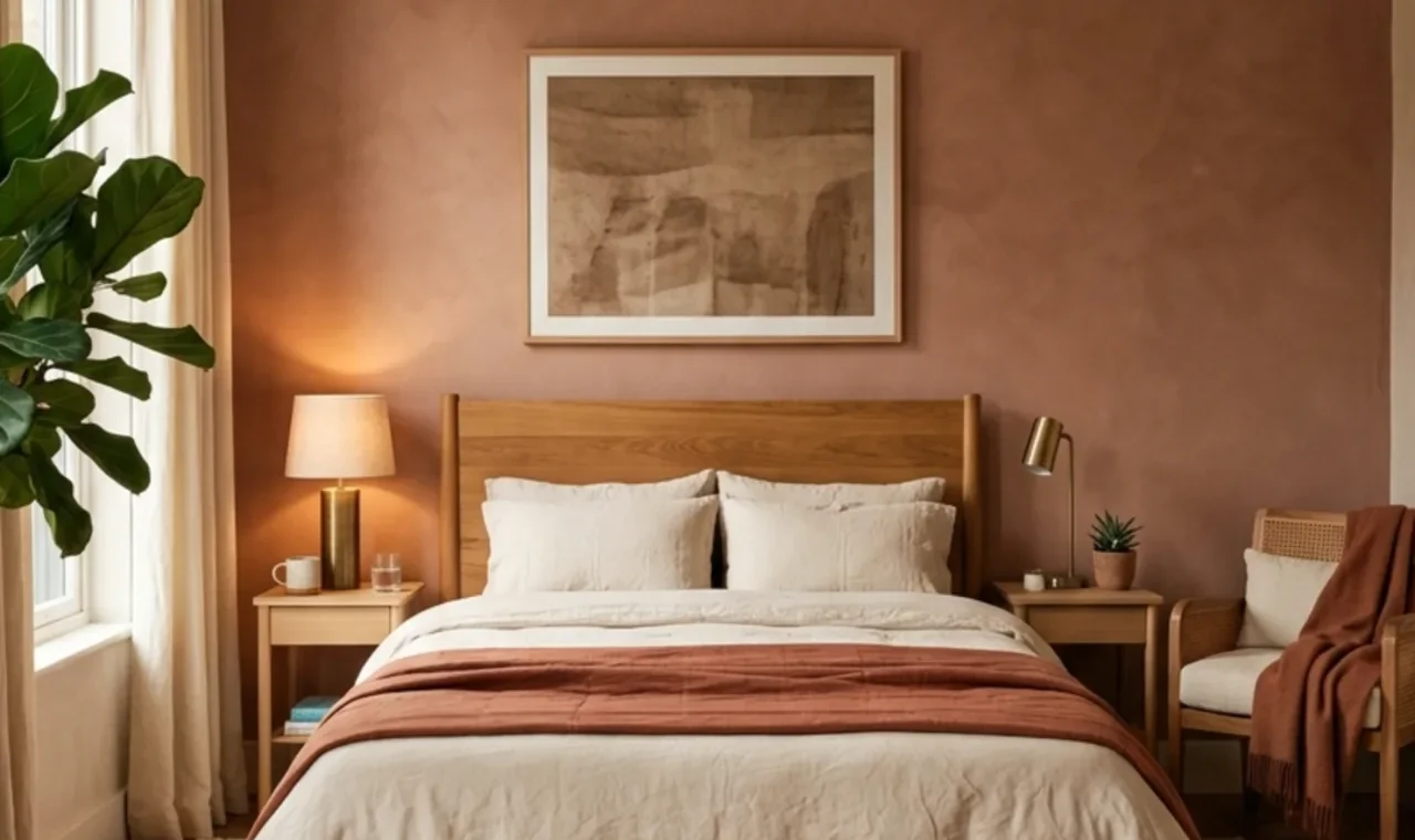 Cozy terracotta bedroom with clay wall, cream bedding and natural wood furniture