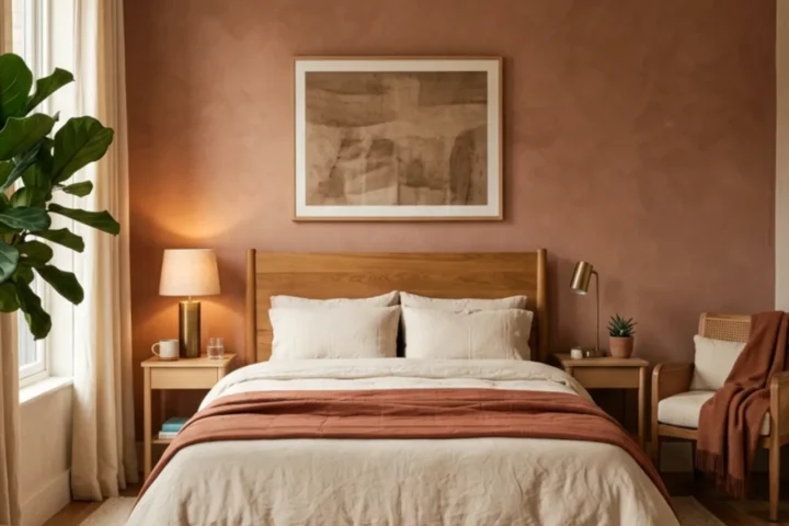 Cozy terracotta bedroom with clay wall, cream bedding and natural wood furniture