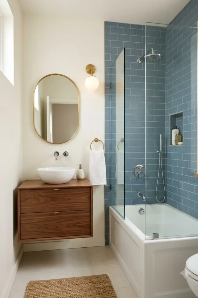 Small retro bathroom with dusty blue tile and walnut vanity