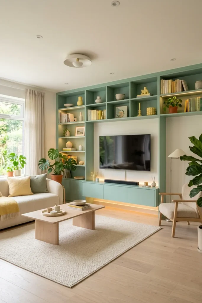 Yellow and mint living room with muted mint built-ins