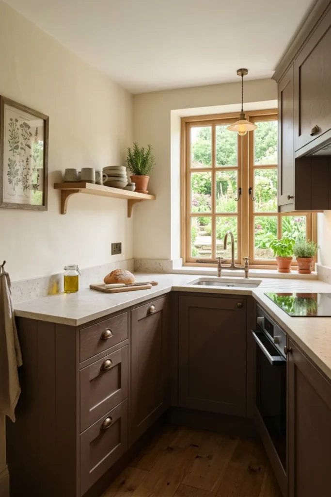 Small cottagecore kitchen with smoky brown cabinets and cream walls